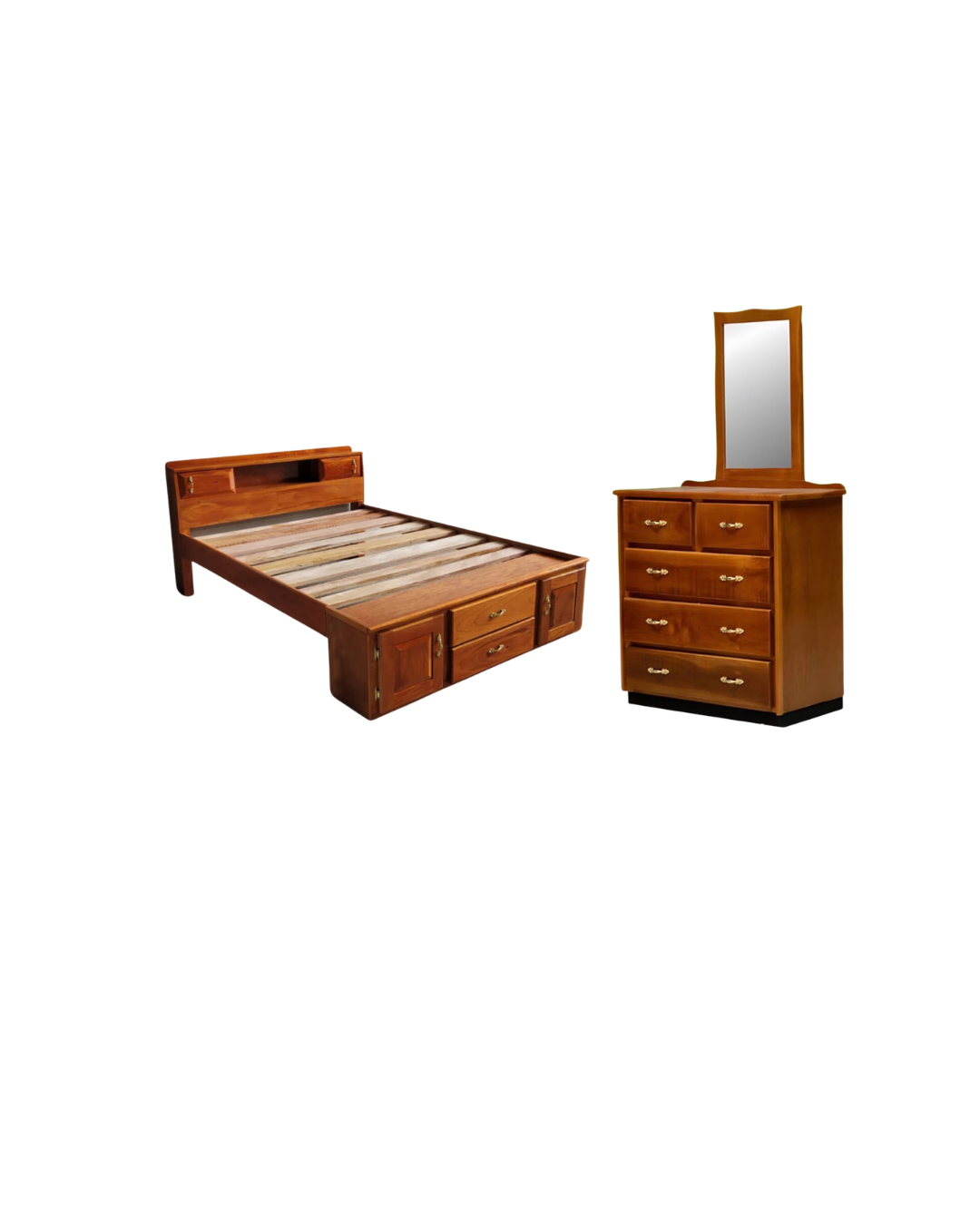 Queen Bedframe & 5 Drawer Chest of Drawer with Mirror