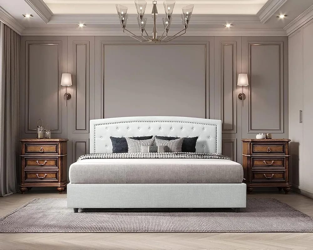 Upholstered bedframe with storage.