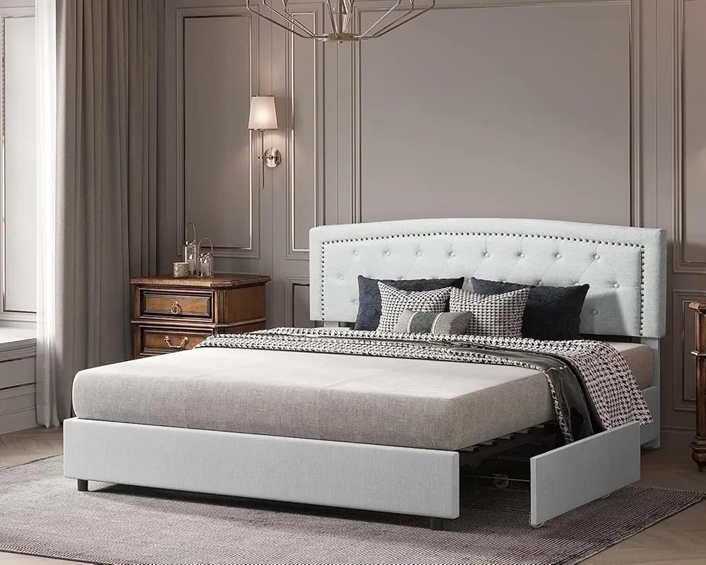 Upholstered bedframe with storage.