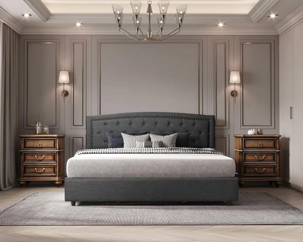 Upholstered bedframe with storage.