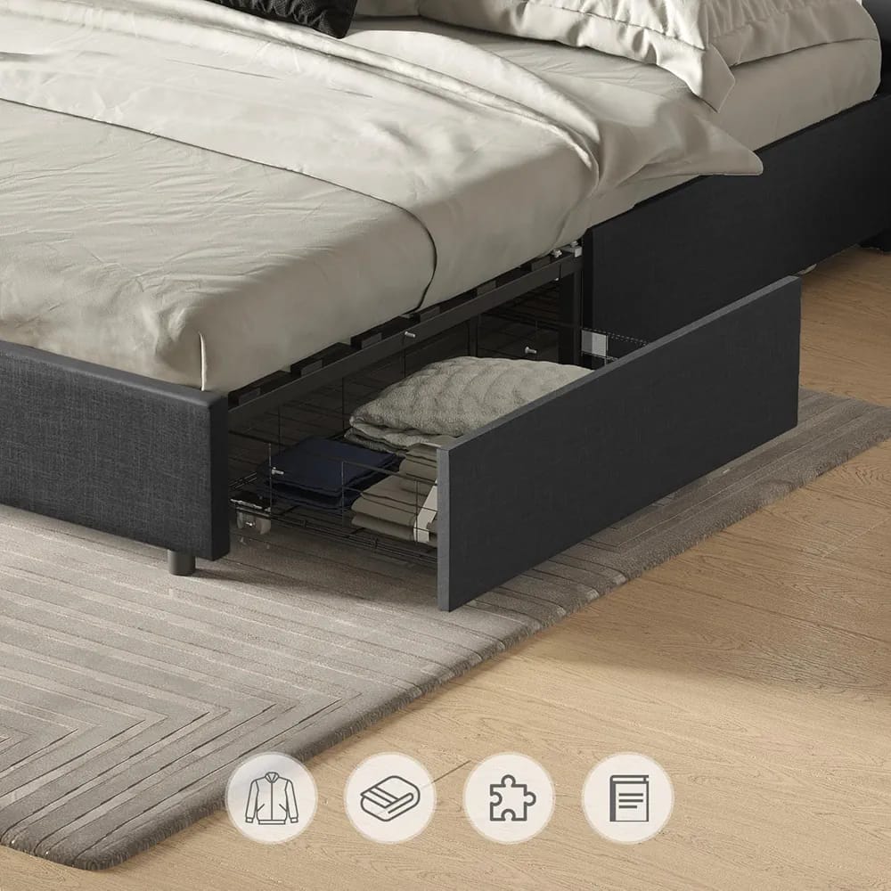 Upholstered bedframe with storage.