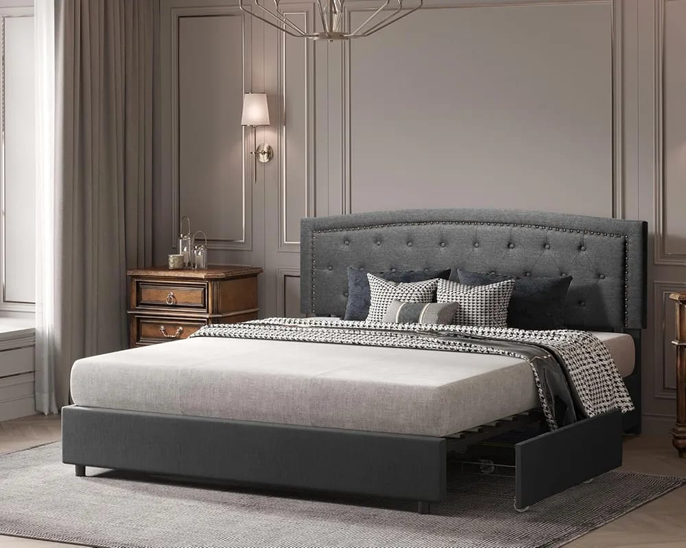 Upholstered bedframe with storage.