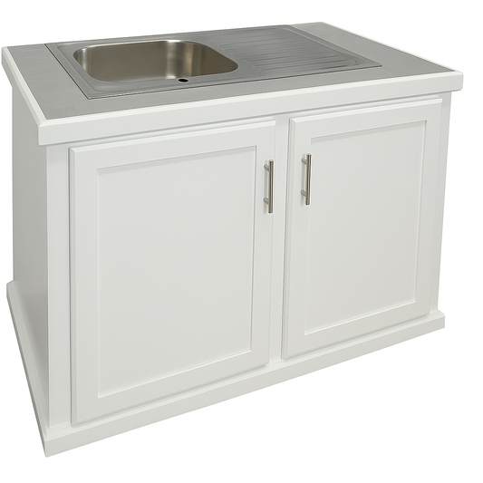 2 Door White Countertop With Tile and Sink
