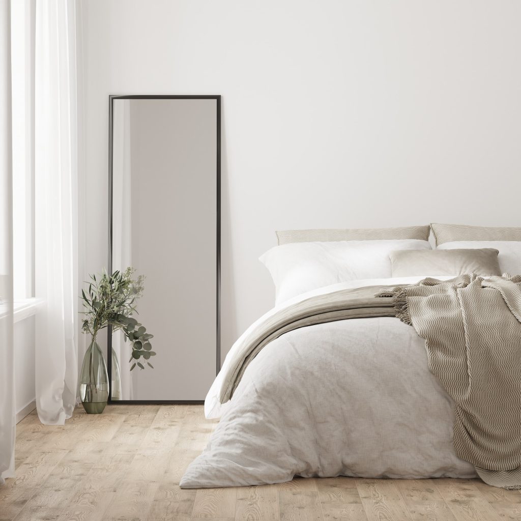 home interior, scandinavian style bedroom mock up, bed close up, 3d rendering